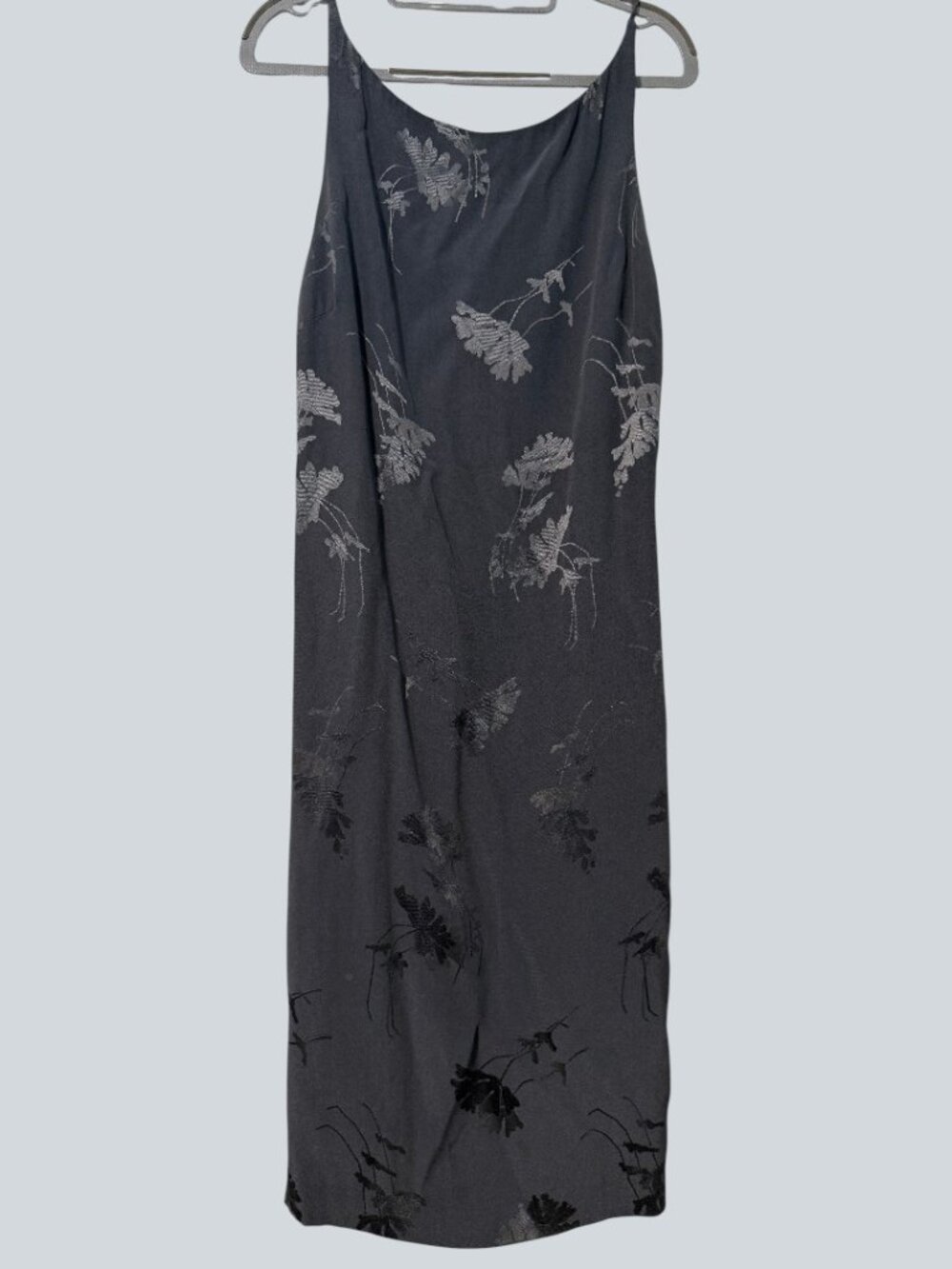 Vintage Charcoal Gray Floral Slip Dress Satin Feel Spaghetti Strap